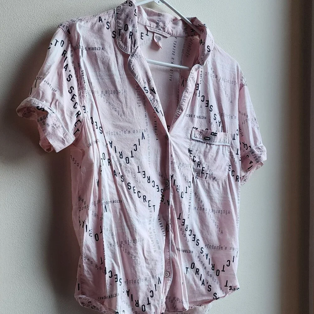 Victoria's Secret Pink/Black Cotton Blend Button Down Pajama Shirt Size Small
